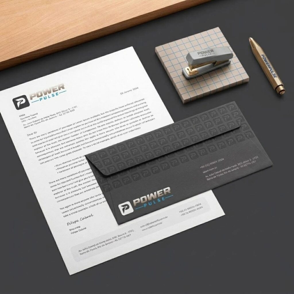 Corporate stationery package including letterhead, envelope, and branded business materials.