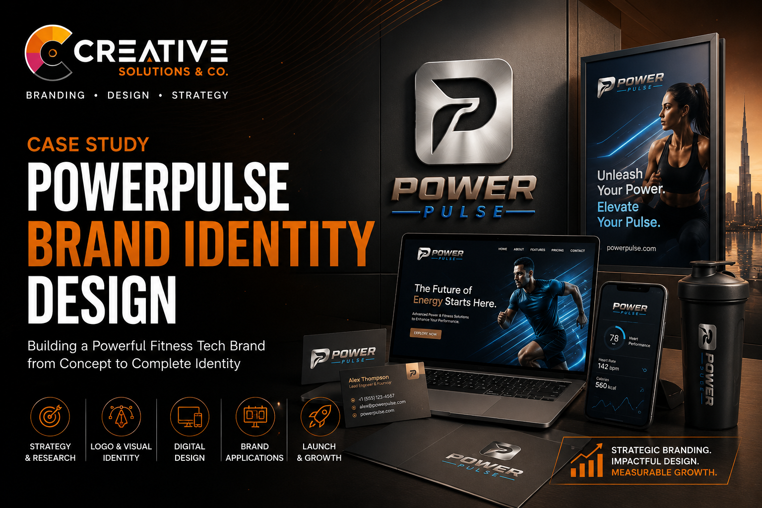 PowerPulse brand identity design project featuring logo development, visual identity system, website design, app branding, and marketing assets.