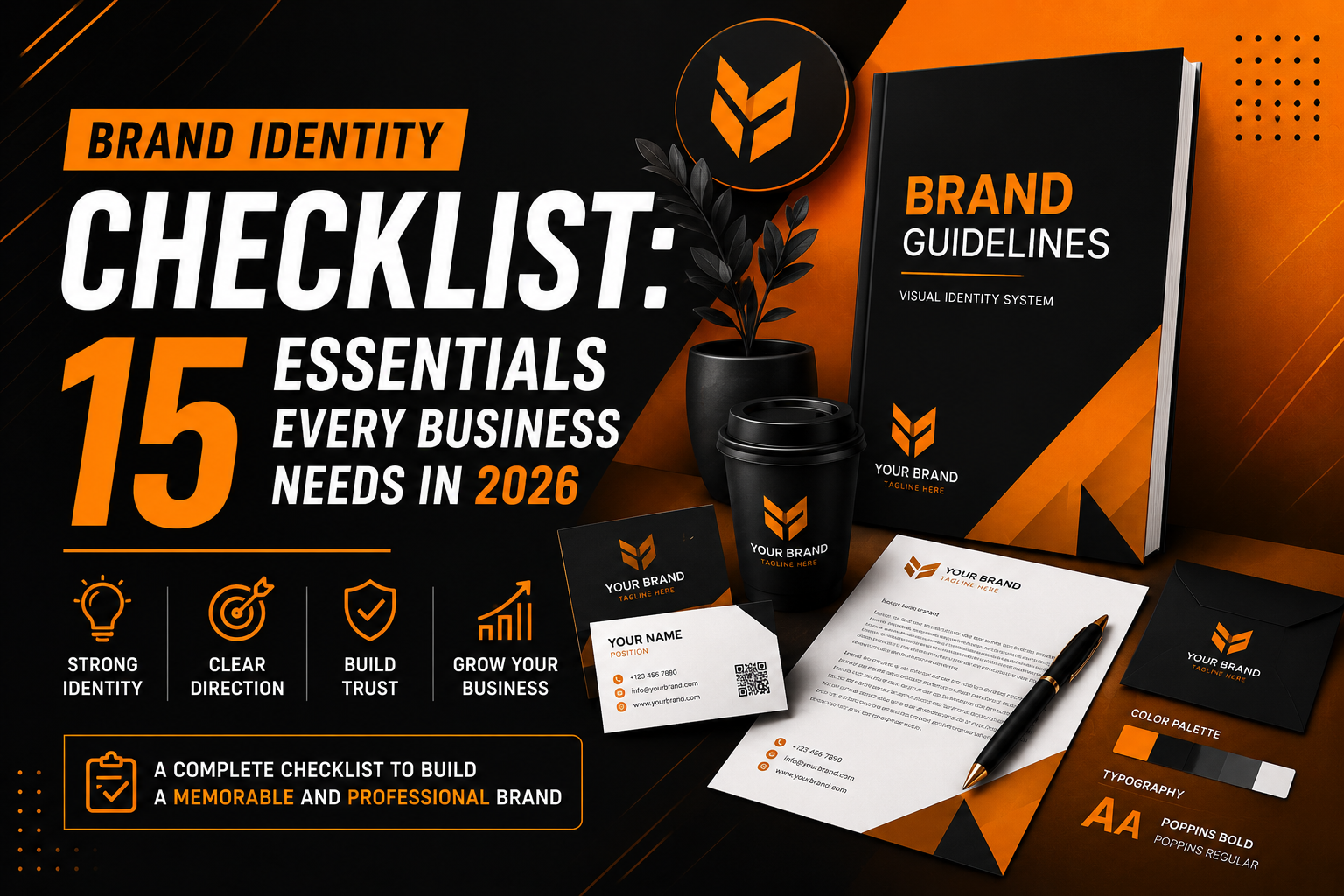 Brand Identity Checklist showing brand guidelines, logo, stationery, typography, and visual identity essentials for businesses in 2026.